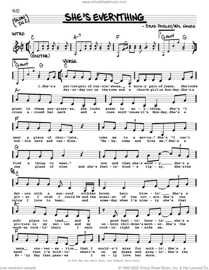 She's Everything sheet music for voice and other instruments (real book with lyrics) by Brad Paisley and Wil Nance, intermediate skill level