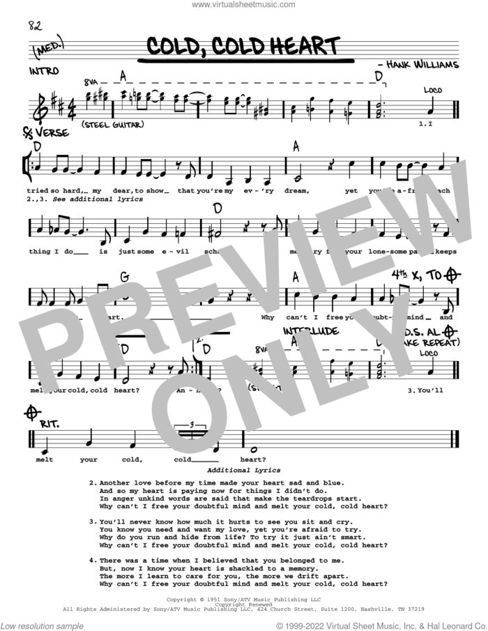 Cold, Cold Heart sheet music for voice and other instruments (real book with lyrics) by Hank Williams and Tony Bennett, intermediate skill level
