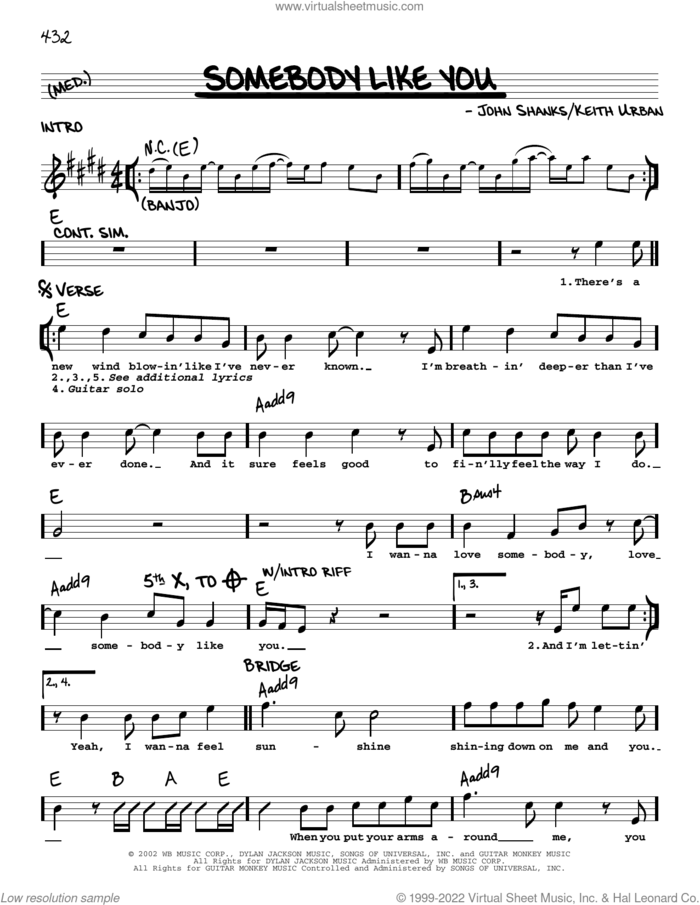 Somebody Like You sheet music for voice and other instruments (real book with lyrics) by Keith Urban and John Shanks, intermediate skill level