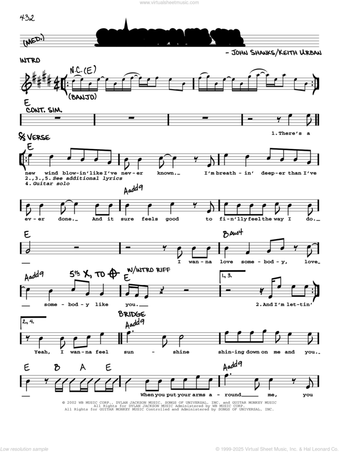 Somebody Like You sheet music for voice and other instruments (real book with lyrics) by Keith Urban and John Shanks, intermediate skill level