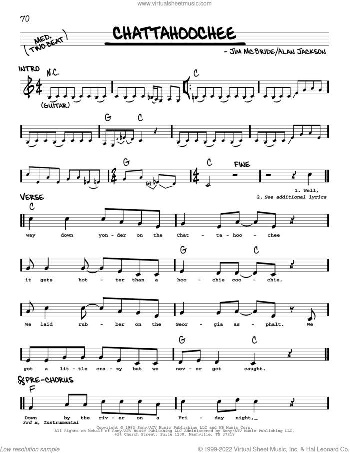 Chattahoochee sheet music for voice and other instruments (real book with lyrics) by Alan Jackson and Jim McBride, intermediate skill level