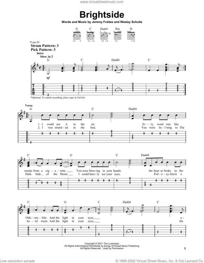 Brightside sheet music for guitar solo (easy tablature) by The Lumineers, Jeremy Fraites and Wesley Schultz, easy guitar (easy tablature)