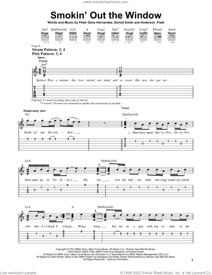 Smokin' Out The Window sheet music for guitar solo (easy tablature) by Silk Sonic, Brandon Paak Anderson, Bruno Mars and Dernst Emile, easy guitar (easy tablature)