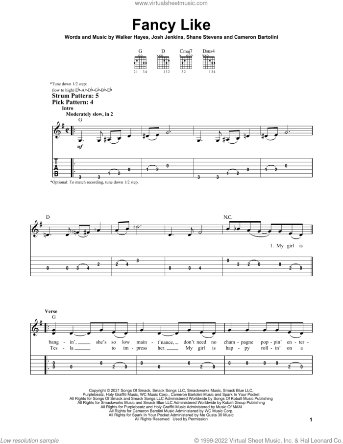 Fancy Like sheet music for guitar solo (easy tablature) by Walker Hayes, Cameron Bartolini, Josh Jenkins and Shane Stevens, easy guitar (easy tablature)