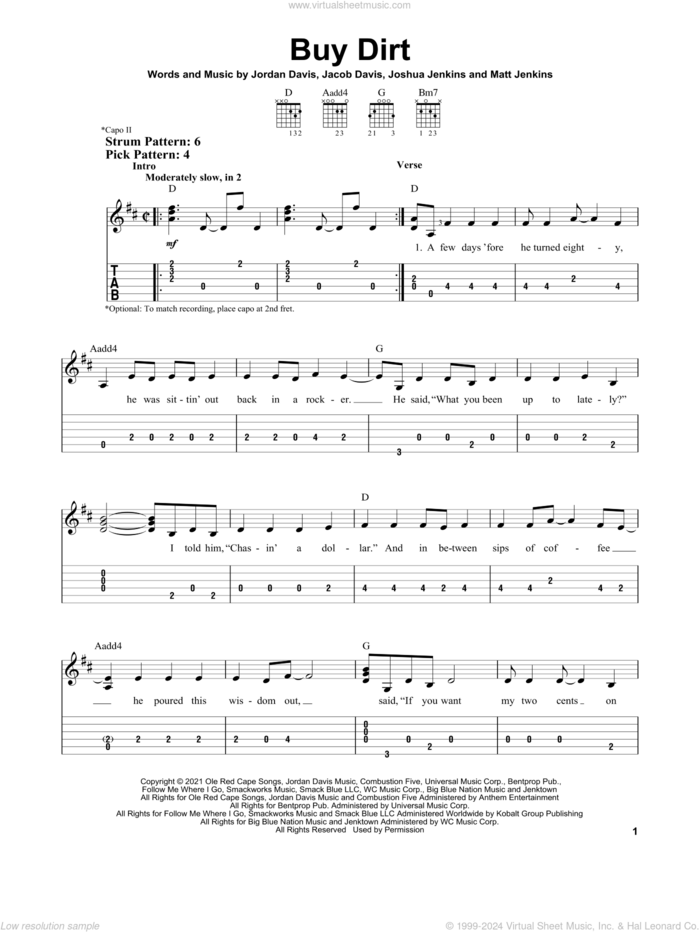 Buy Dirt sheet music for guitar solo (easy tablature) by Jordan Davis and Luke Bryan, Jacob Davis, Jordan Davis, Joshua Jenkins and Matt Jenkins, easy guitar (easy tablature)