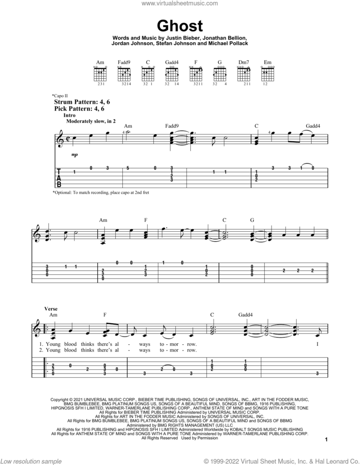 Ghost sheet music for guitar solo (easy tablature) by Justin Bieber, Jonathan Bellion, Jordan Johnson, Michael Pollack and Stefan Johnson, easy guitar (easy tablature)