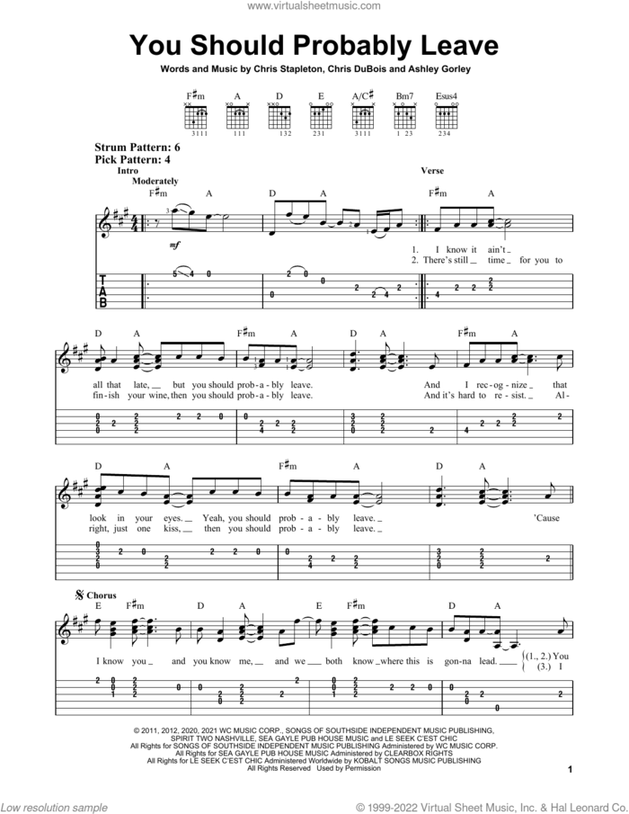 You Should Probably Leave sheet music for guitar solo (easy tablature) by Chris Stapleton, Ashley Gorley and Chris DuBois, easy guitar (easy tablature)