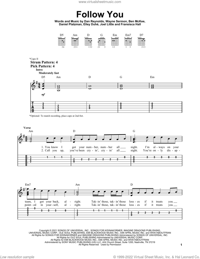 Follow You sheet music for guitar solo (easy tablature) by Imagine Dragons, Ben McKee, Dan Reynolds, Daniel Platzman, Elley Duhe, Fransisca Hall, Joel Little and Wayne Sermon, easy guitar (easy tablature)