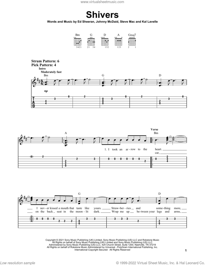 Shivers sheet music for guitar solo (easy tablature) by Ed Sheeran, Johnny McDaid, Kal Lavelle and Steve Mac, easy guitar (easy tablature)