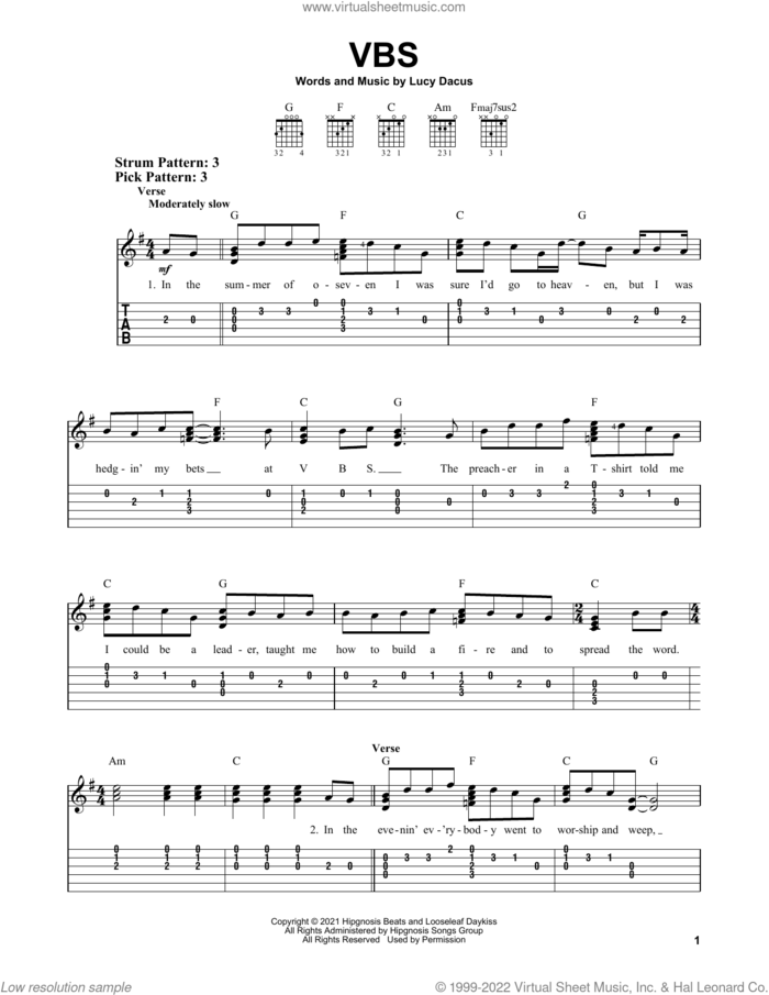 VBS sheet music for guitar solo (easy tablature) by Lucy Dacus, easy guitar (easy tablature)