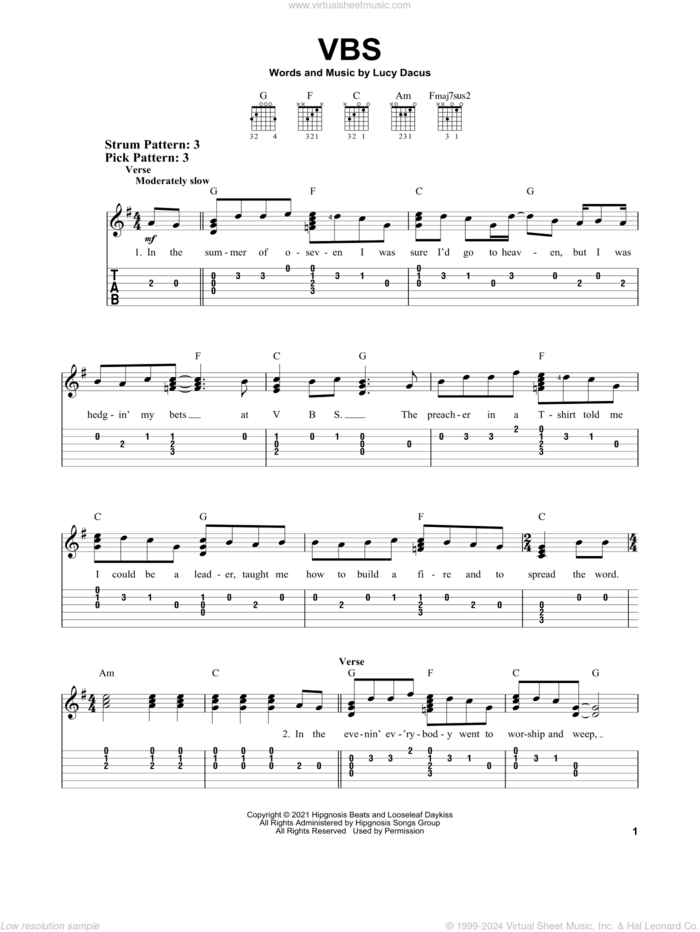 VBS sheet music for guitar solo (easy tablature) by Lucy Dacus, easy guitar (easy tablature)