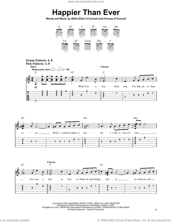Happier Than Ever sheet music for guitar solo (easy tablature) by Billie Eilish, easy guitar (easy tablature)
