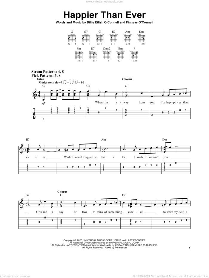 Happier Than Ever sheet music for guitar solo (easy tablature) by Billie Eilish, easy guitar (easy tablature)