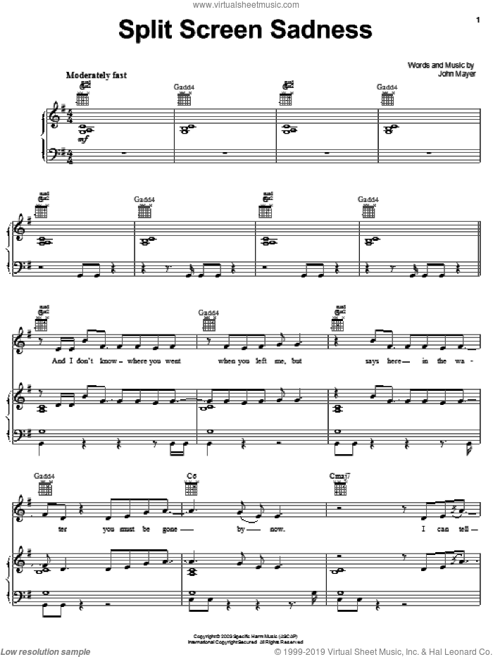 Split Screen Sadness sheet music for voice, piano or guitar by John Mayer, intermediate skill level