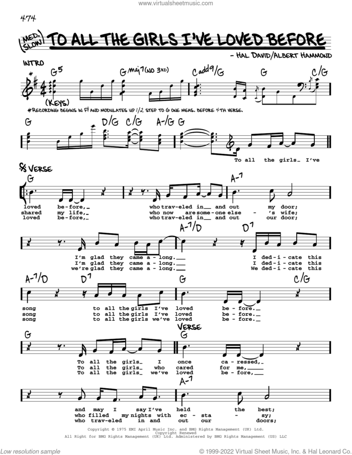 To All The Girls I've Loved Before sheet music for voice and other instruments (real book with lyrics) by Julio Iglesias & Willie Nelson, Albert Hammond and Hal David, intermediate skill level