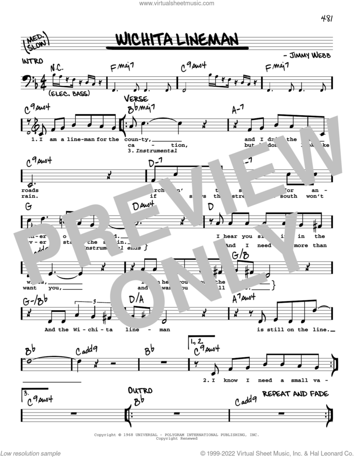Wichita Lineman sheet music for voice and other instruments (real book with lyrics) by Glen Campbell, Wade Hayes and Jimmy Webb, intermediate skill level