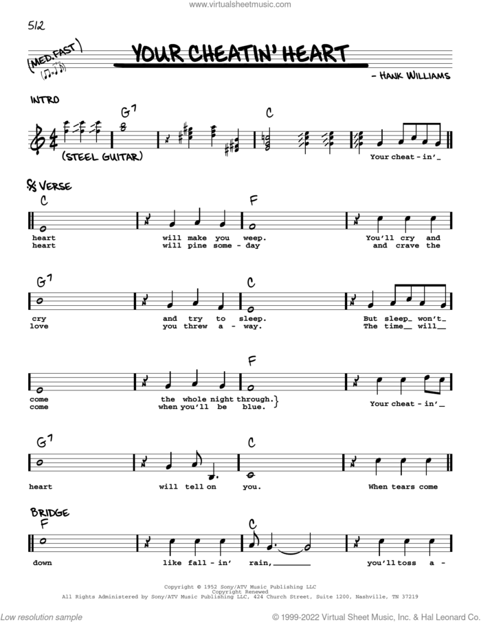 Your Cheatin' Heart sheet music for voice and other instruments (real book with lyrics) by Patsy Cline and Hank Williams, intermediate skill level
