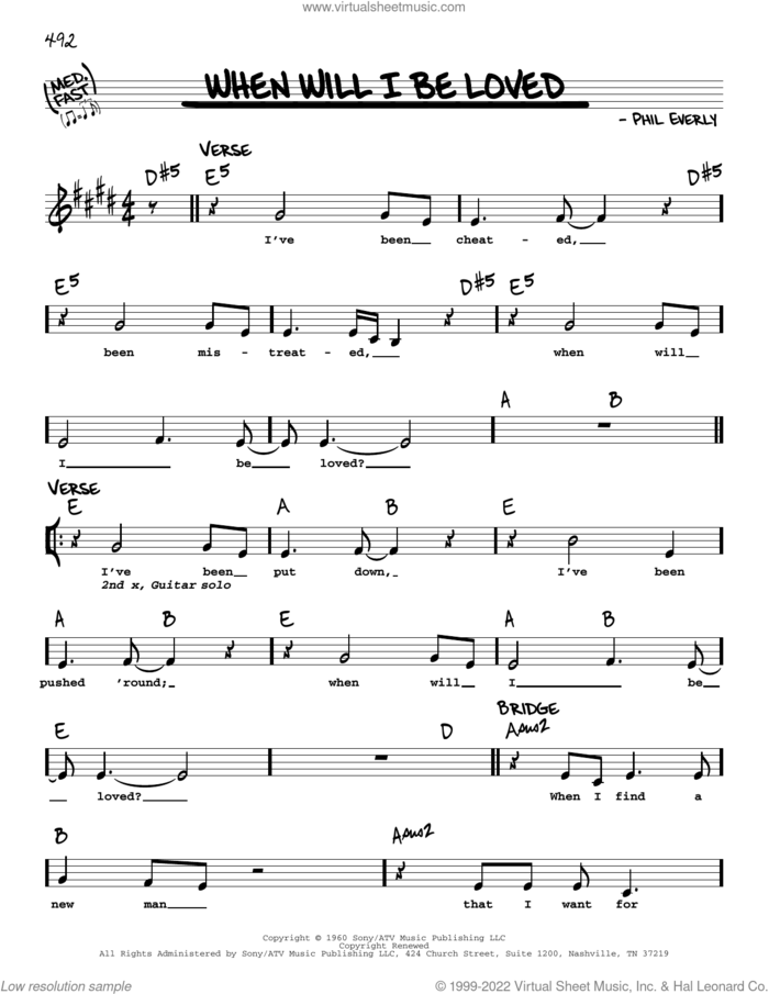 When Will I Be Loved sheet music for voice and other instruments (real book with lyrics) by Linda Ronstadt and Phil Everly, intermediate skill level