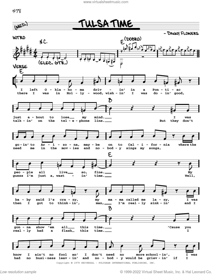 Tulsa Time sheet music for voice and other instruments (real book with lyrics) by Don Williams, Eric Clapton and Danny Flowers, intermediate skill level