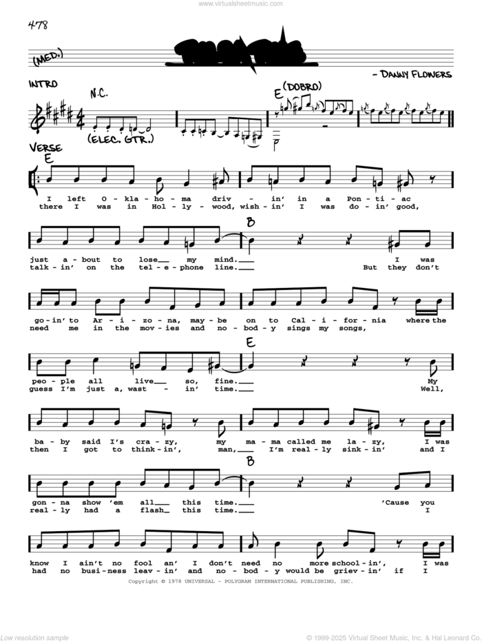 Tulsa Time sheet music for voice and other instruments (real book with lyrics) by Don Williams, Eric Clapton and Danny Flowers, intermediate skill level