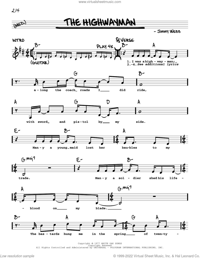 The Highwayman sheet music for voice and other instruments (real book with lyrics) by Jimmy Webb, The Highwaymen and Waylon Jennings/Willie Nelson/Johnny Cash/Kris Kristofferson, intermediate skill level