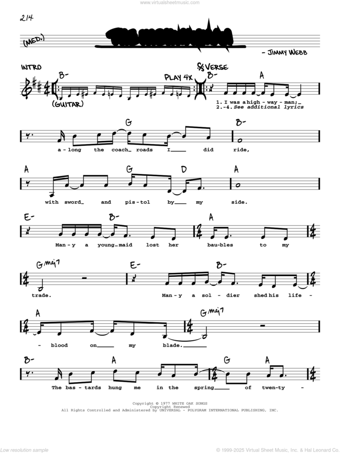 The Highwayman sheet music for voice and other instruments (real book with lyrics) by Jimmy Webb, The Highwaymen and Waylon Jennings/Willie Nelson/Johnny Cash/Kris Kristofferson, intermediate skill level