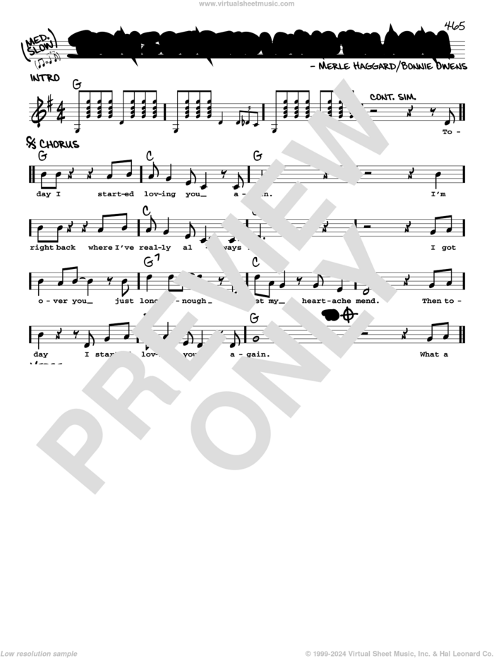 Today I Started Loving You Again sheet music for voice and other instruments (real book with lyrics) by Merle Haggard and Bonnie Owens, intermediate skill level