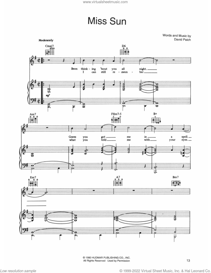 Miss Sun sheet music for voice, piano or guitar by Boz Scaggs and David Paich, intermediate skill level