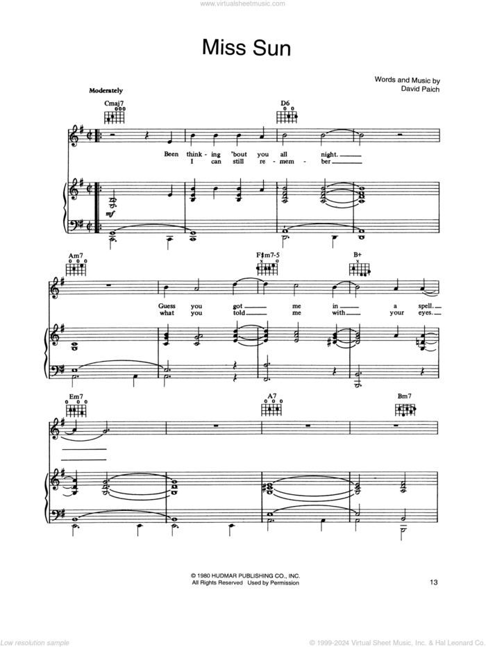 Miss Sun sheet music for voice, piano or guitar by Boz Scaggs and David Paich, intermediate skill level