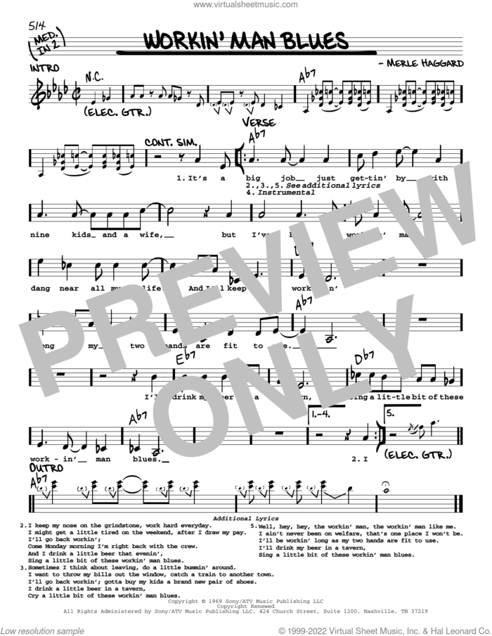 Workin' Man Blues sheet music for voice and other instruments (real book with lyrics) by Merle Haggard and Jed Zeppelin, intermediate skill level