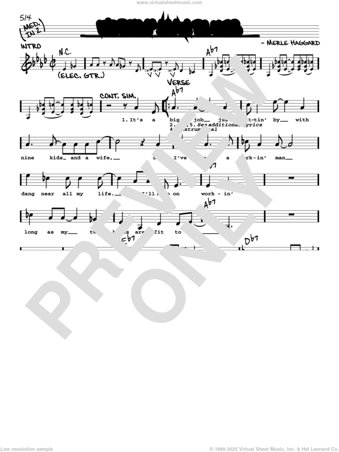 Workin' Man Blues sheet music for voice and other instruments (real book with lyrics) by Merle Haggard and Jed Zeppelin, intermediate skill level