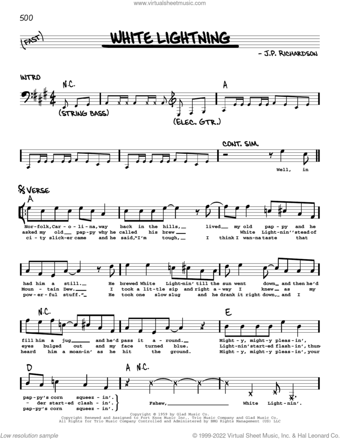 White Lightning sheet music for voice and other instruments (real book with lyrics) by George Jones and J.P. Richardson, intermediate skill level