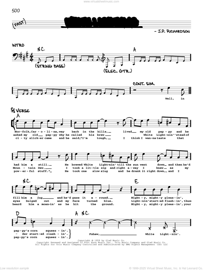 White Lightning sheet music for voice and other instruments (real book with lyrics) by George Jones and J.P. Richardson, intermediate skill level