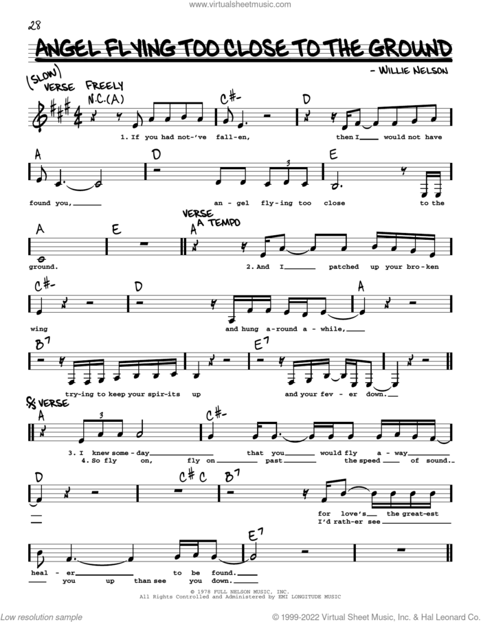 Angel Flying Too Close To The Ground sheet music for voice and other instruments (real book with lyrics) by Willie Nelson, intermediate skill level