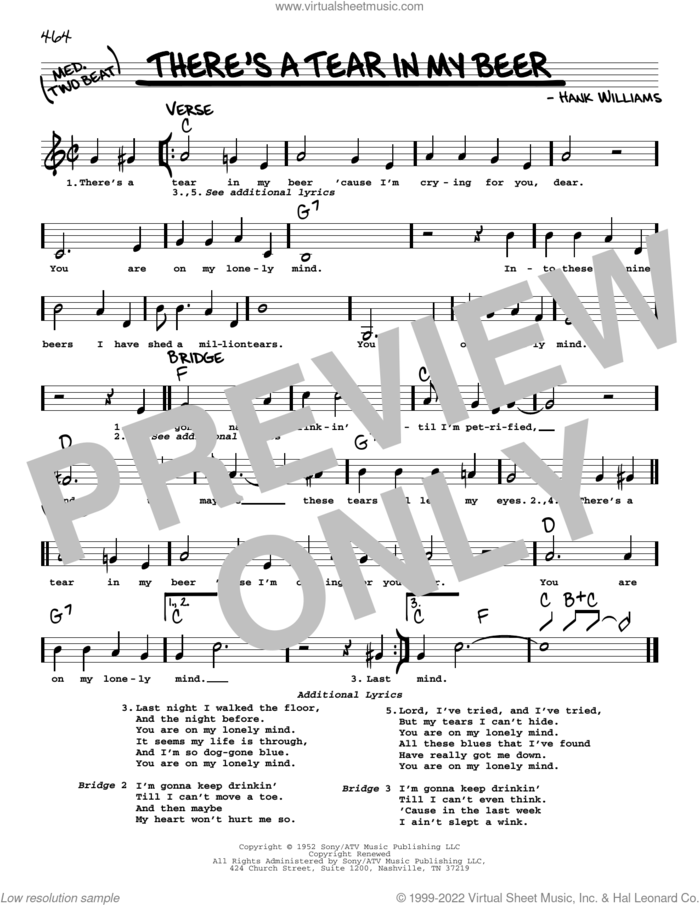 There's A Tear In My Beer sheet music for voice and other instruments (real book with lyrics) by Hank Williams Jr. and Hank Williams and Hank Williams, intermediate skill level