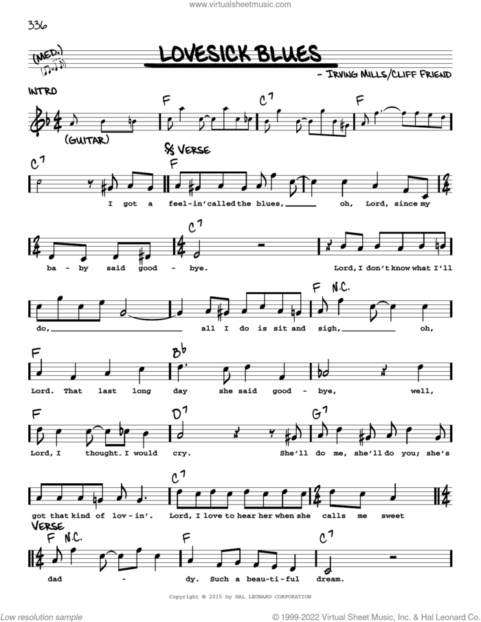 Lovesick Blues sheet music for voice and other instruments (real book with lyrics) by Irving Mills and Cliff Friend, intermediate skill level