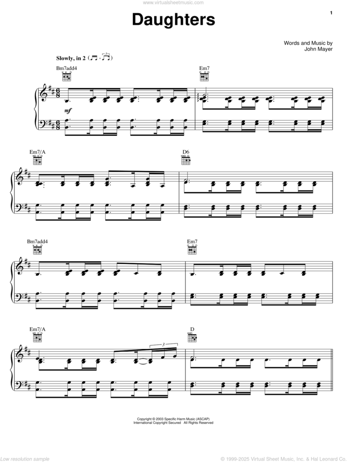 Daughters sheet music for voice, piano or guitar by John Mayer, intermediate skill level