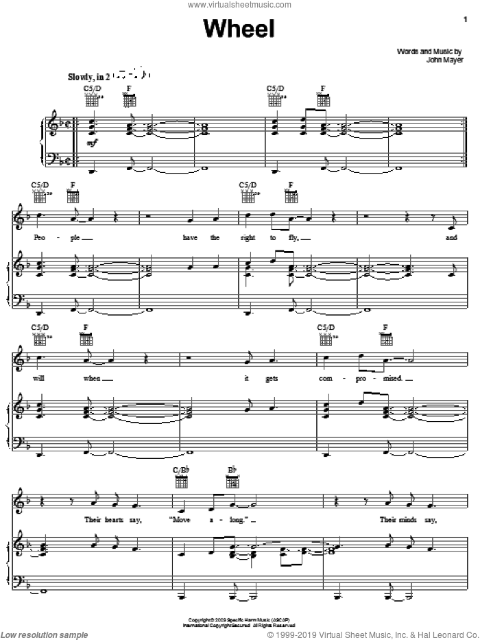 Wheel sheet music for voice, piano or guitar by John Mayer, intermediate skill level