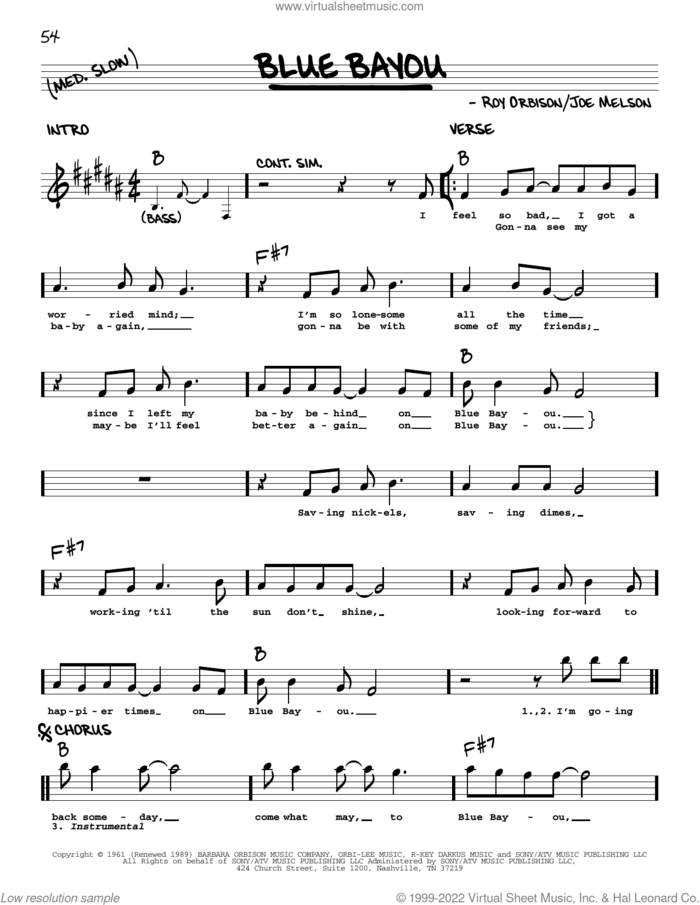 Blue Bayou sheet music for voice and other instruments (real book with lyrics) by Linda Ronstadt, Joe Melson and Roy Orbison, intermediate skill level
