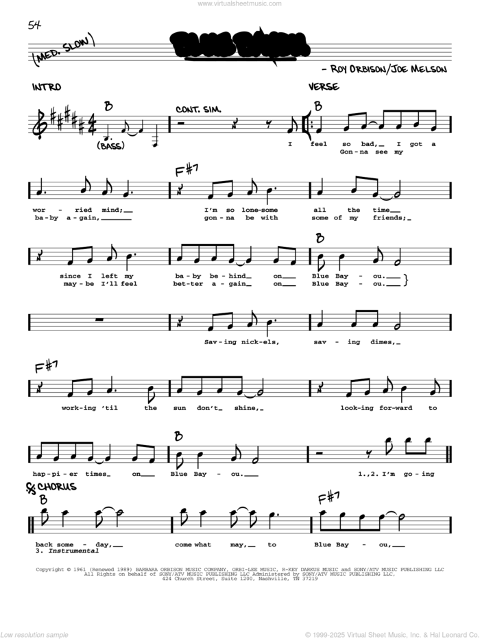 Blue Bayou sheet music for voice and other instruments (real book with lyrics) by Linda Ronstadt, Joe Melson and Roy Orbison, intermediate skill level