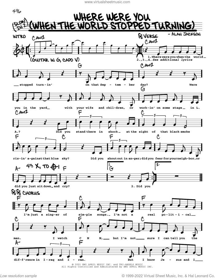 Where Were You (When The World Stopped Turning) sheet music for voice and other instruments (real book with lyrics) by Alan Jackson, intermediate skill level
