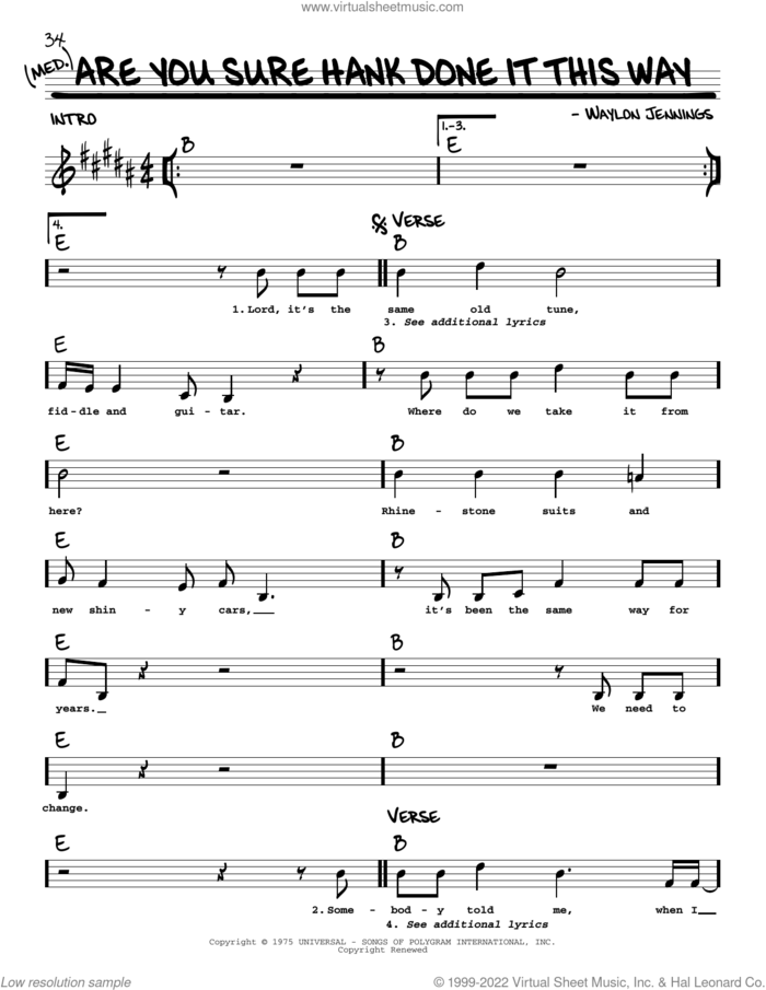 Are You Sure Hank Done It This Way sheet music for voice and other instruments (real book with lyrics) by Waylon Jennings, intermediate skill level