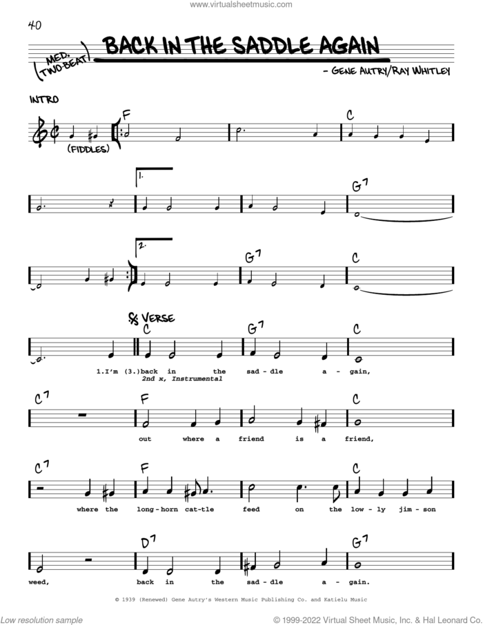 Back In The Saddle Again sheet music for voice and other instruments (real book with lyrics) by Gene Autry and Ray Whitley, intermediate skill level
