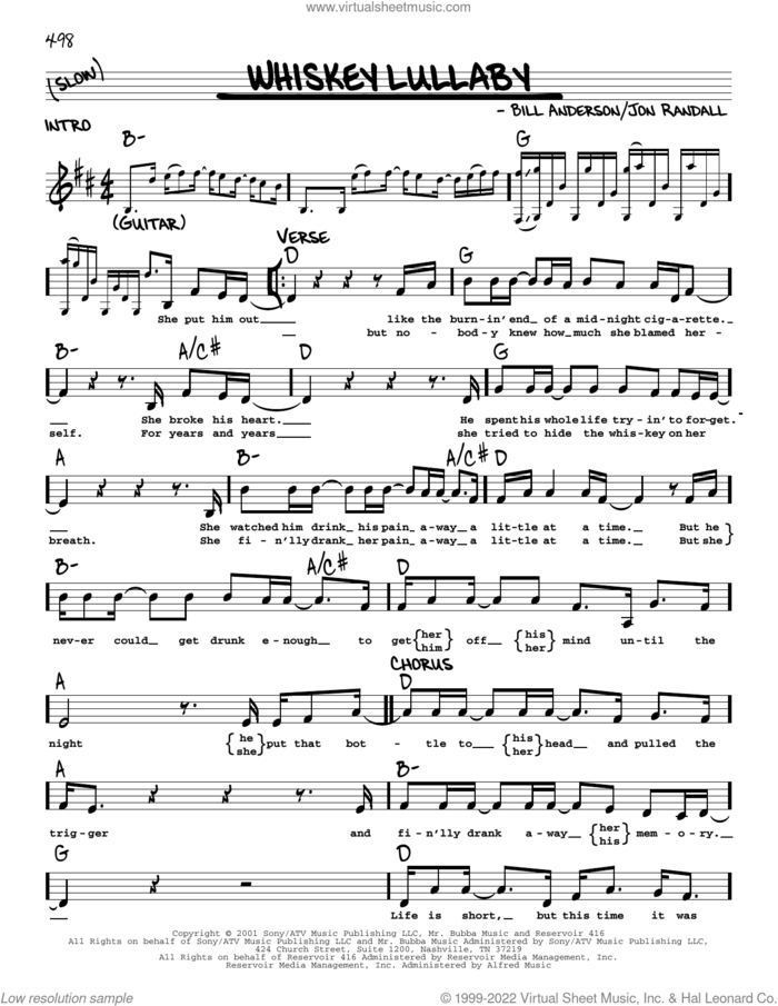 Whiskey Lullaby (feat. Alison Krauss) sheet music for voice and other instruments (real book with lyrics) by Brad Paisley, Bill Anderson and Jon Randall, intermediate skill level