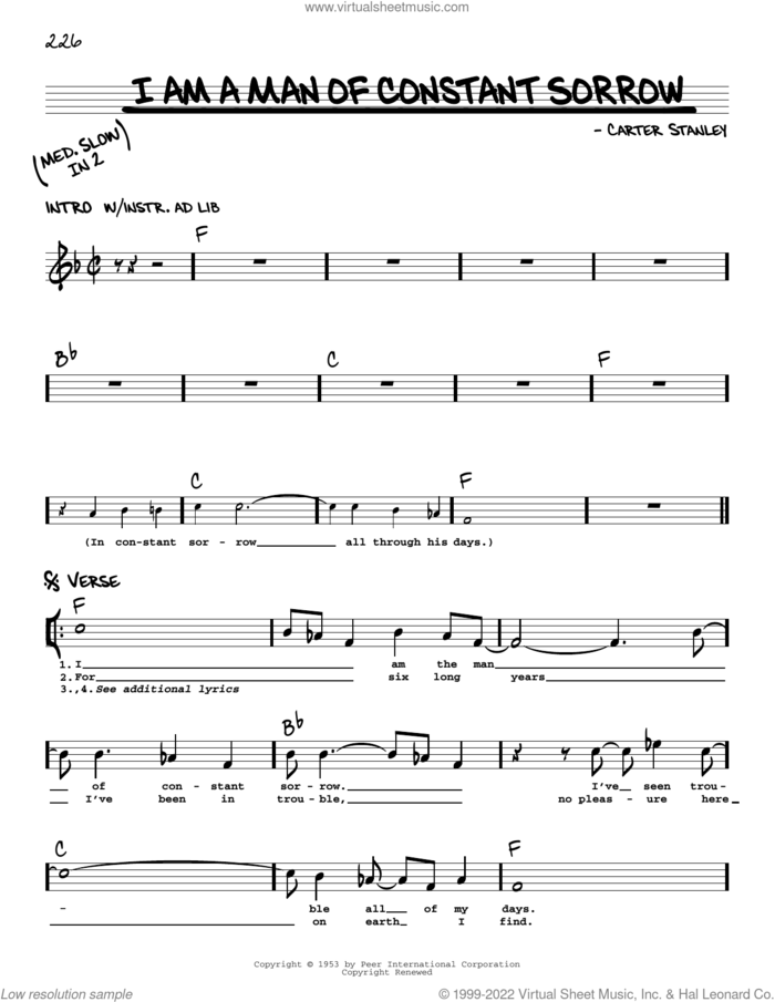 I Am A Man Of Constant Sorrow sheet music for voice and other instruments (real book with lyrics) by The Soggy Bottom Boys, Carter Stanley and Ralph Stanley, intermediate skill level