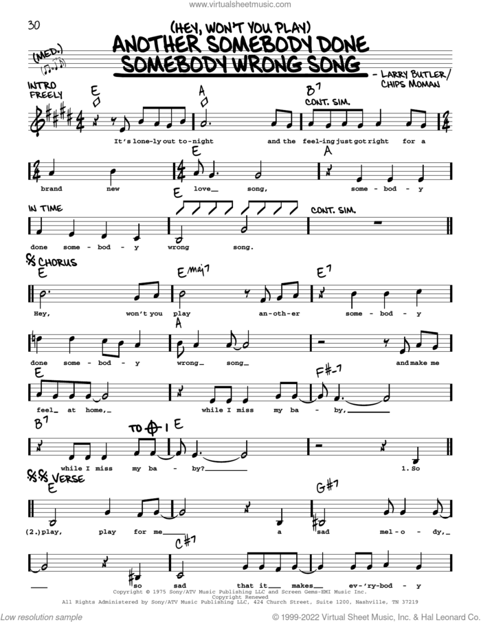(Hey, Won't You Play) Another Somebody Done Somebody Wrong Song sheet music for voice and other instruments (real book with lyrics) by B.J. Thomas, Chips Moman and Larry Butler, intermediate skill level