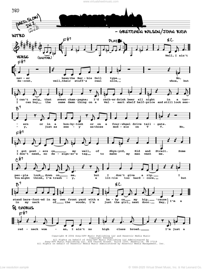 Redneck Woman sheet music for voice and other instruments (real book with lyrics) by Gretchen Wilson and John Rich, intermediate skill level