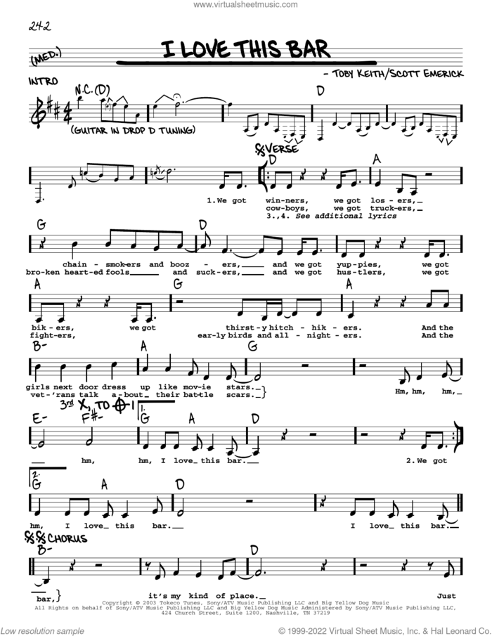 I Love This Bar sheet music for voice and other instruments (real book with lyrics) by Toby Keith and Scotty Emerick, intermediate skill level
