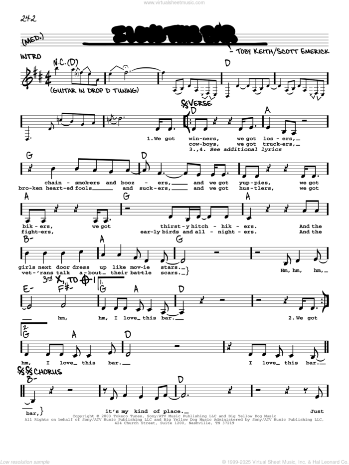 I Love This Bar sheet music for voice and other instruments (real book with lyrics) by Toby Keith and Scotty Emerick, intermediate skill level