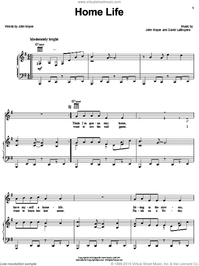 Home Life sheet music for voice, piano or guitar by John Mayer and David LaBruyere, intermediate skill level